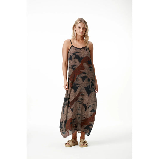 One Season Antoinette Slip Palm Safari Viscose Dress - Black/Camel