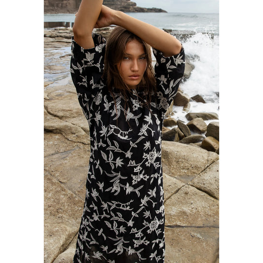 One Season Deia Embroidery Cotton Dress - Black/Cream