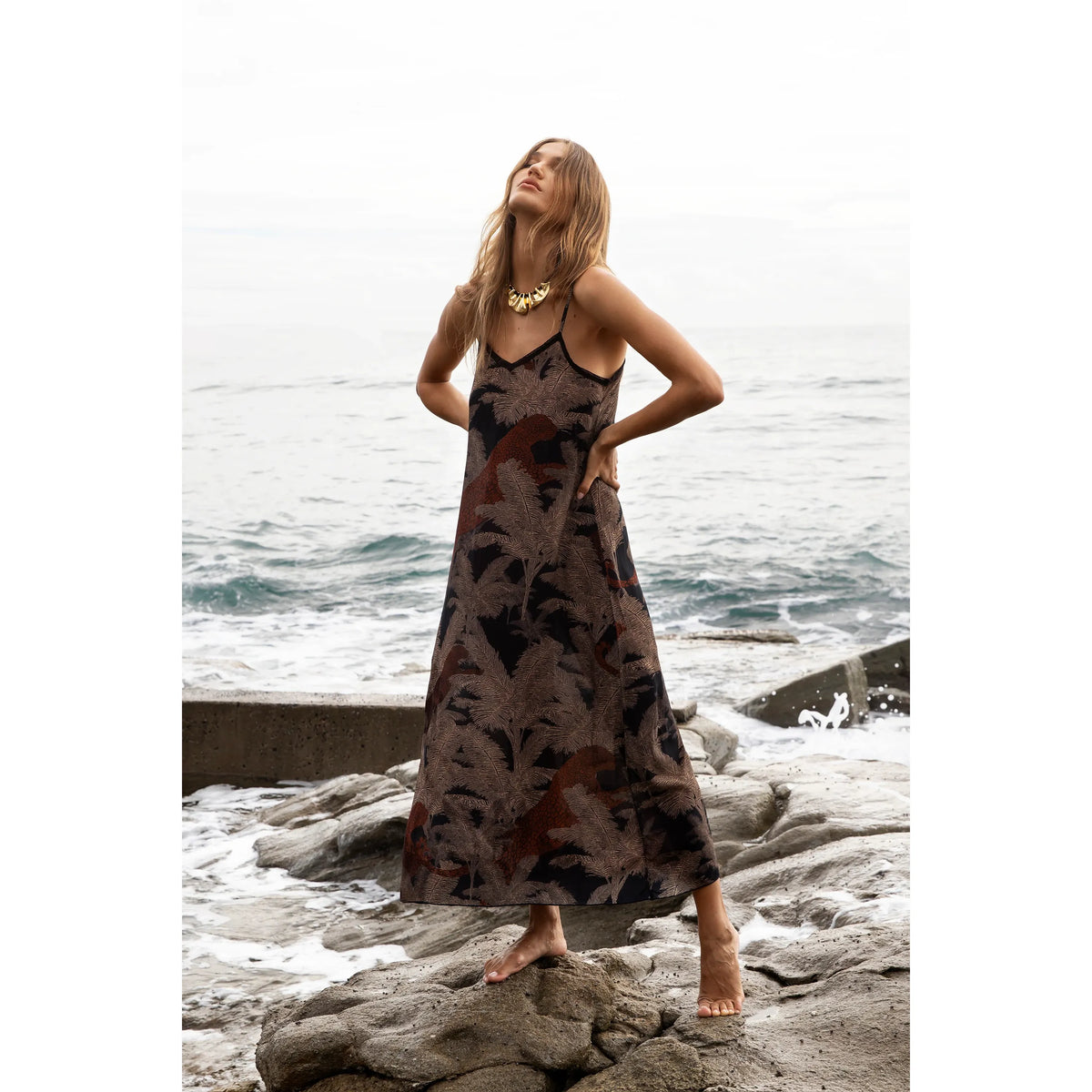 One Season Antoinette Slip Palm Safari Viscose Dress - Black/Camel