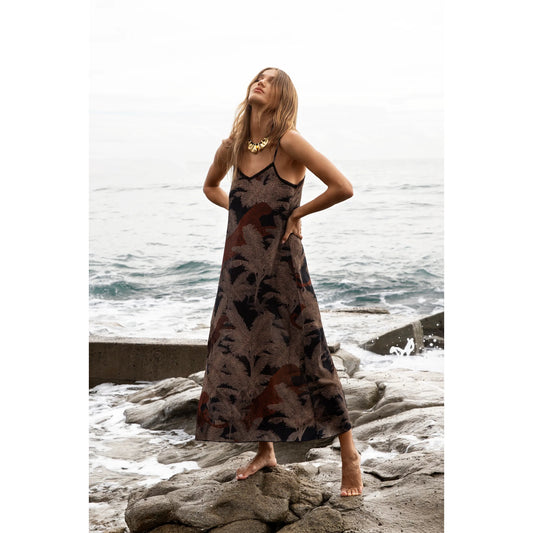 One Season Antoinette Slip Palm Safari Viscose Dress - Black/Camel