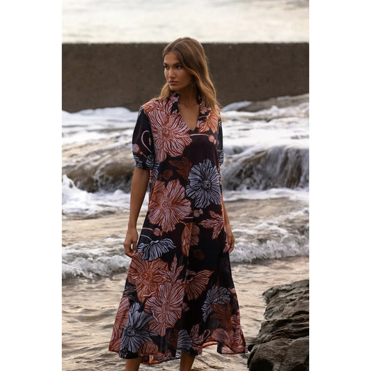 One Season Long Grace Desert Poppy Cotton Dress - Black/Tan
