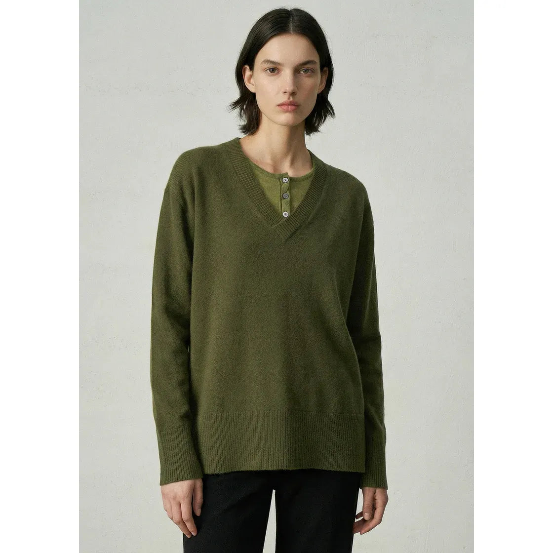 ALEGER Cashmere Gorgeous V Neck Knit 494 - Olive