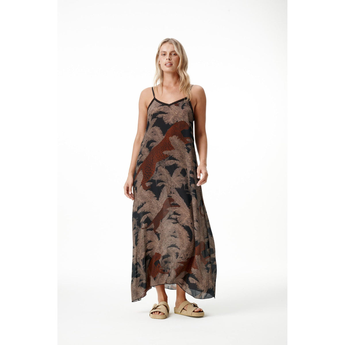 One Season Antoinette Slip Palm Safari Viscose Dress - Black/Camel
