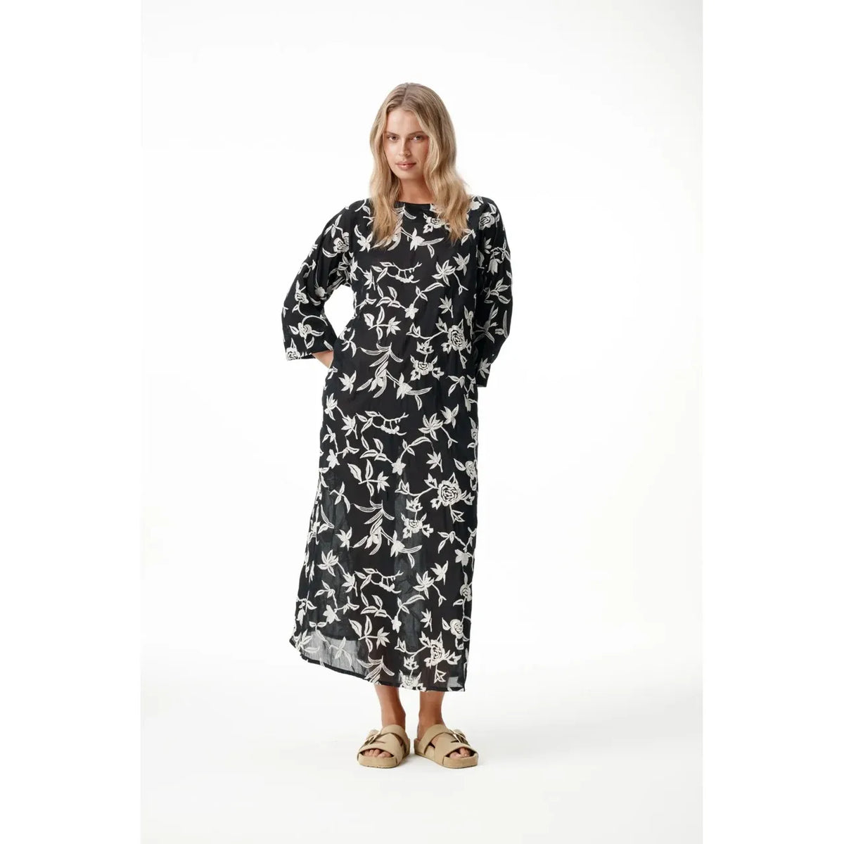 One Season Deia Embroidery Cotton Dress - Black/Cream
