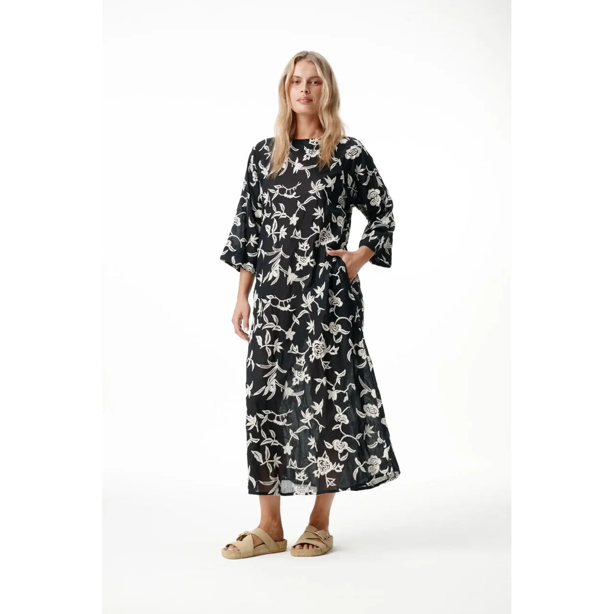 One Season Deia Embroidery Cotton Dress - Black/Cream