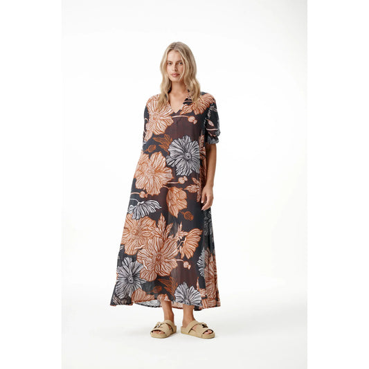 One Season Long Grace Desert Poppy Cotton Dress - Black/Tan