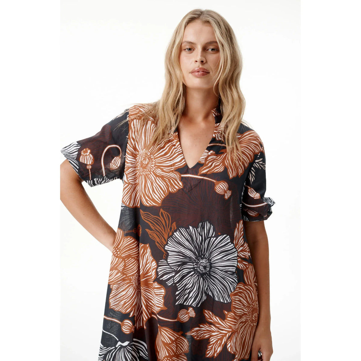 One Season Long Grace Desert Poppy Cotton Dress - Black/Tan