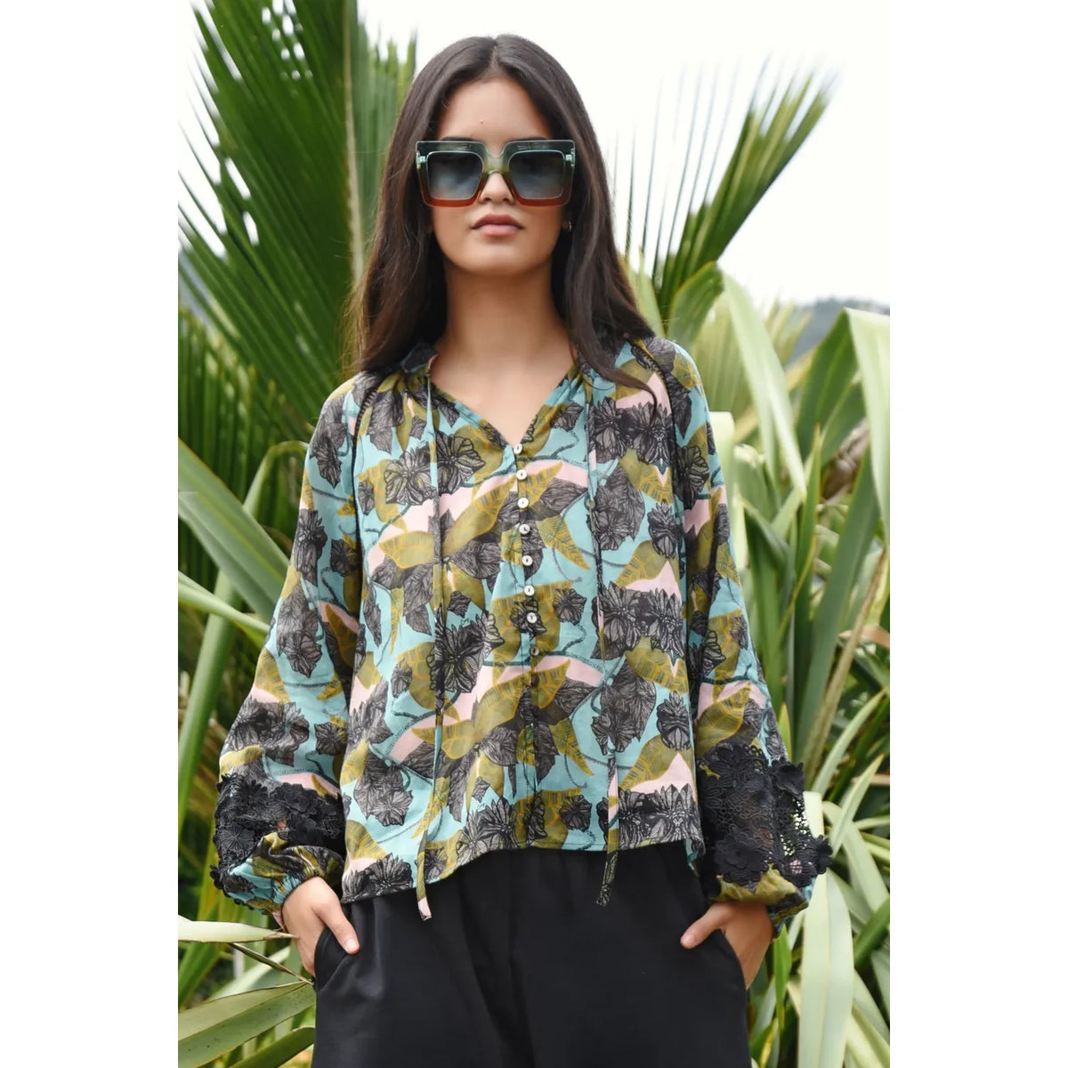 Coop Lace to The Top Blouse - Blue & Olive