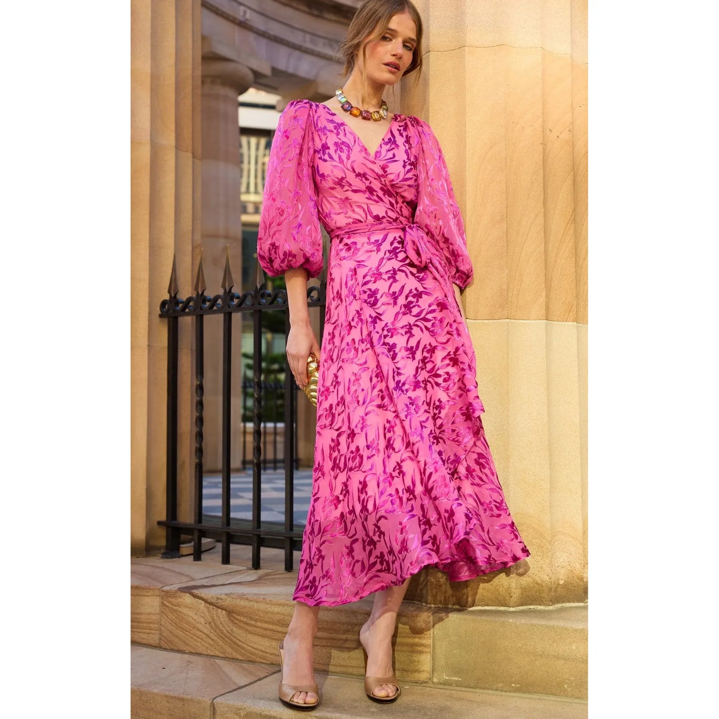 Sacha Drake Sherbet Breeze Midi Wrap Dress - Magenta Botanical