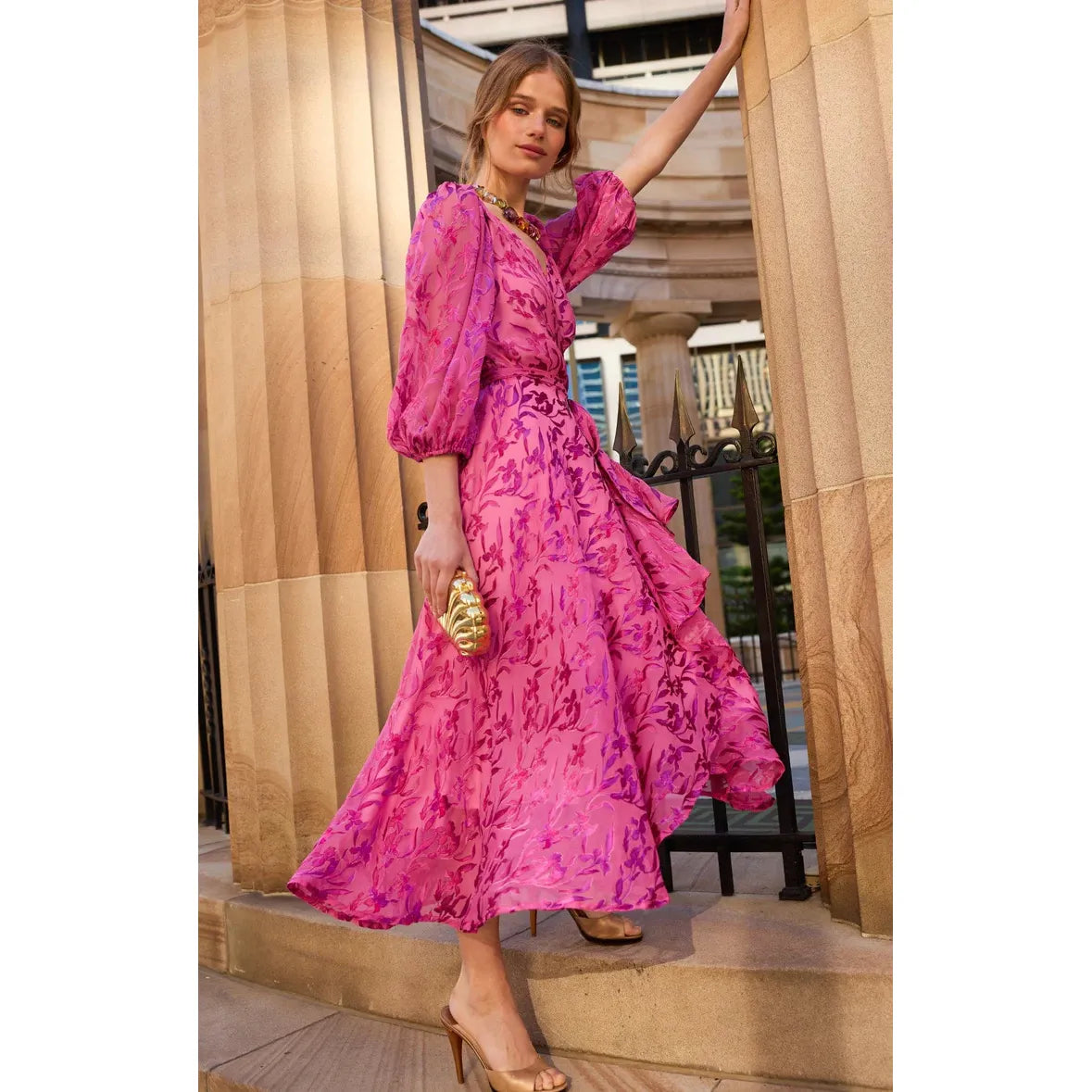 Sacha Drake Sherbet Breeze Midi Wrap Dress - Magenta Botanical